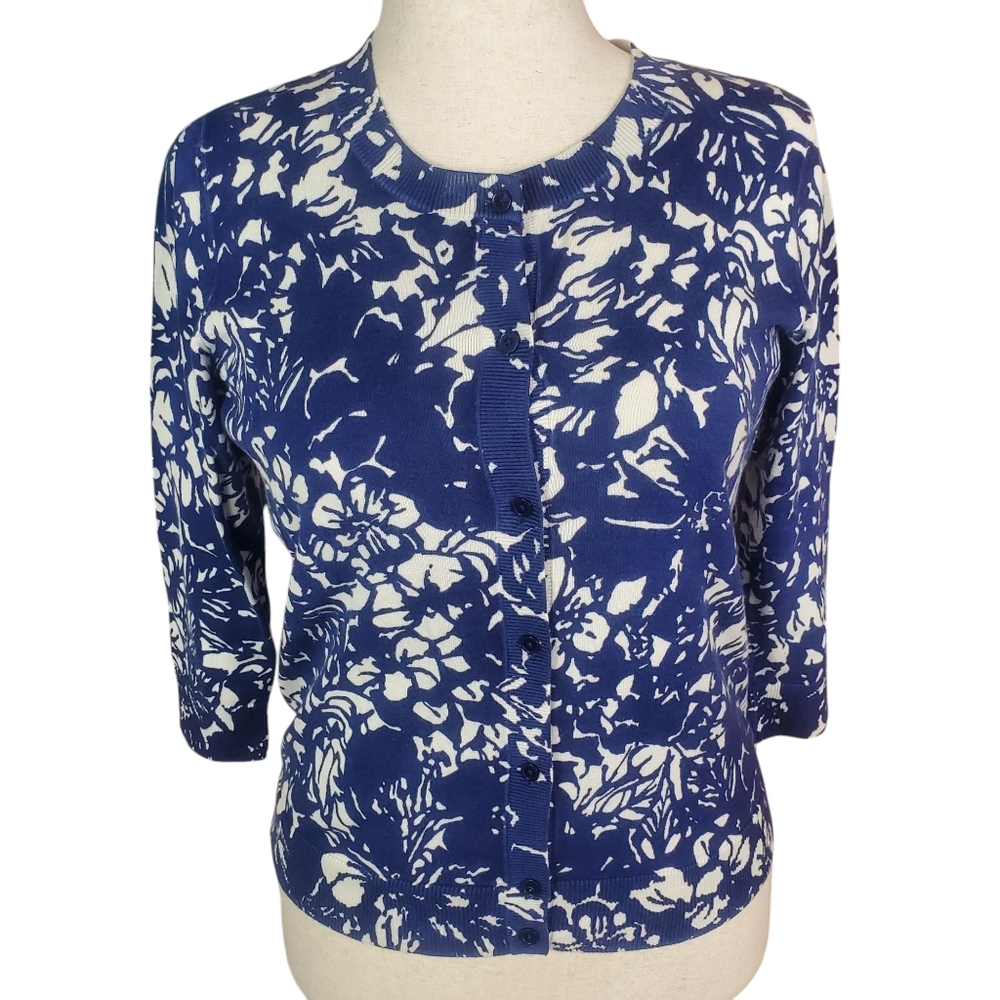 Talbots Pima Cotton Button Cartigan Med 3/4 Sleeve Stretchy Floral Preppy Spring